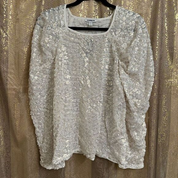 Express Ivory Gold Sparkly Sequin Puff Long Sleeve Blouse Large NWT - Picture 1 of 7